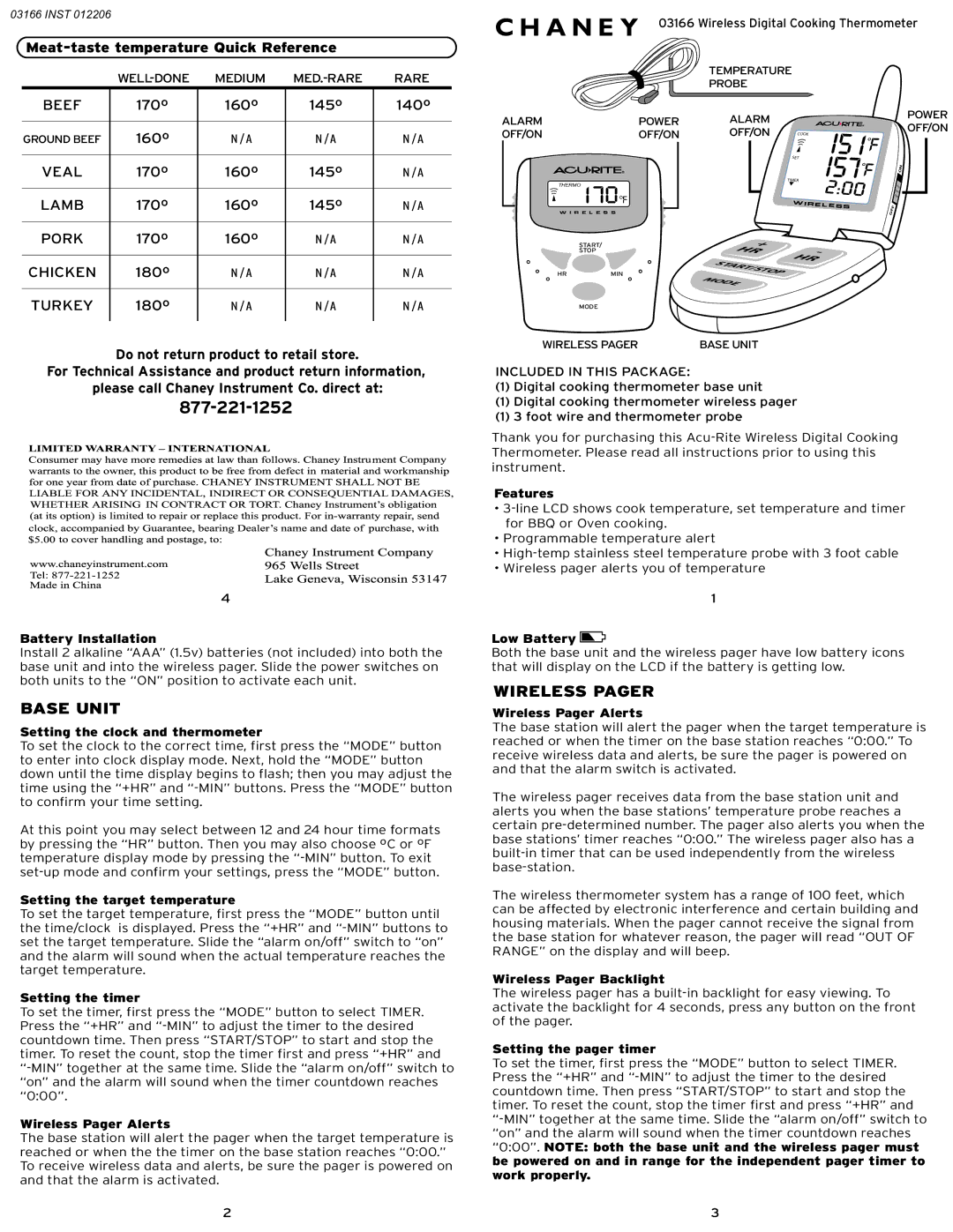 Chaney Instrument 3166 manual Base Unit, Wireless Pager 