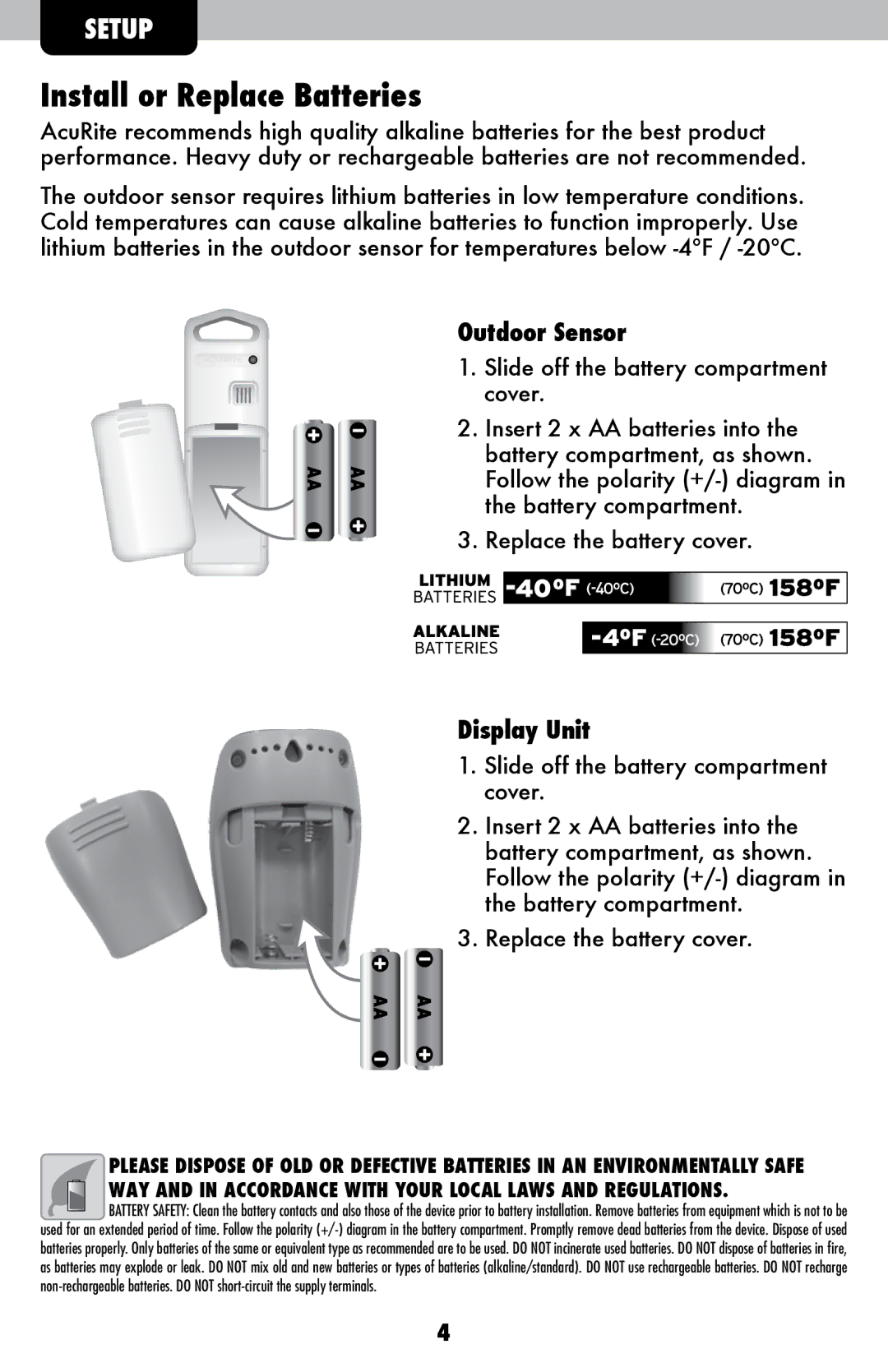 Chaney Instrument 415, 417, 420, 416, 418 instruction manual Install or Replace Batteries, Outdoor Sensor 