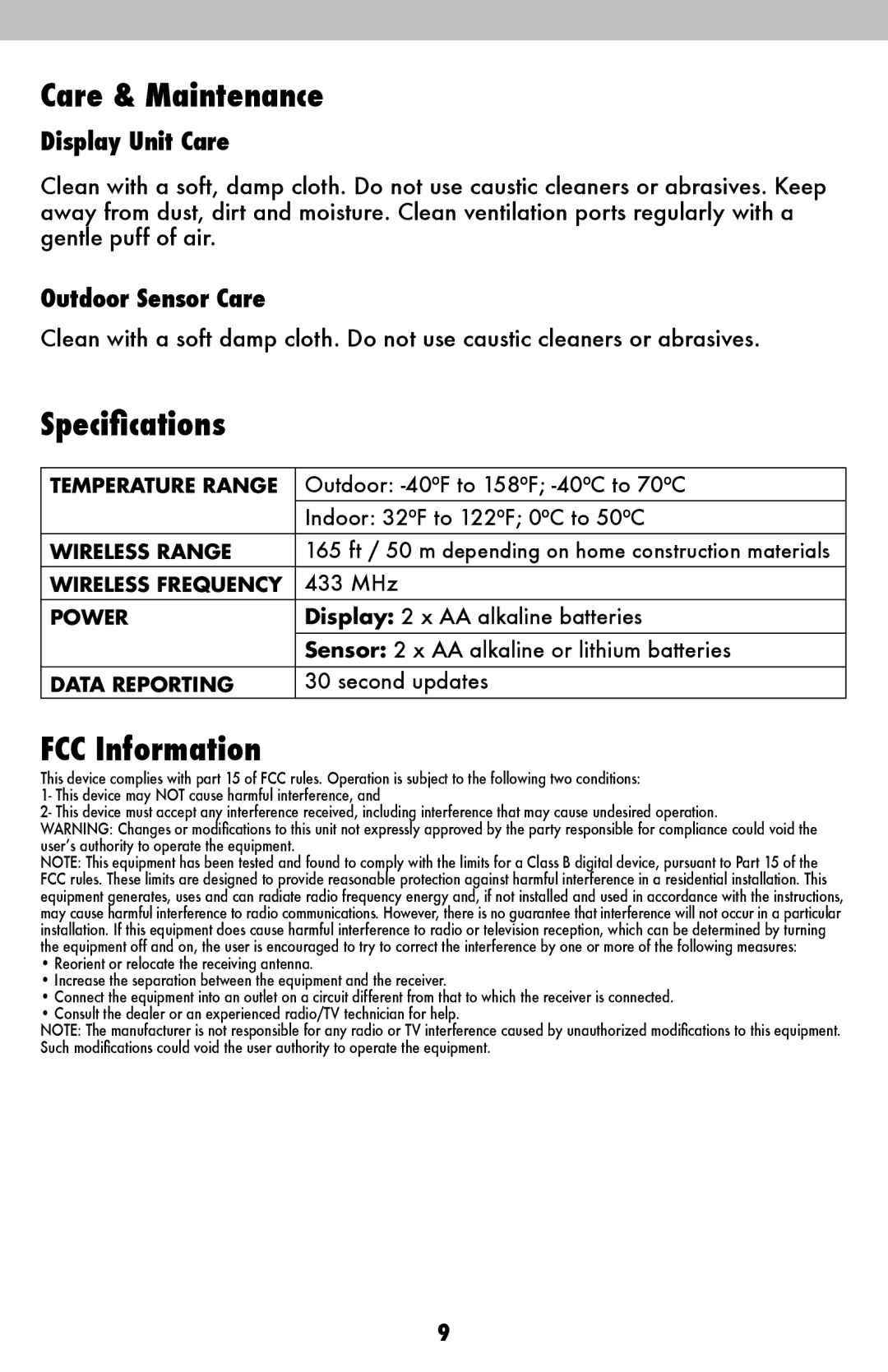 Chaney Instrument 415, 417, 420, 416, 418 instruction manual Care & Maintenance, Specifications, FCC Information 