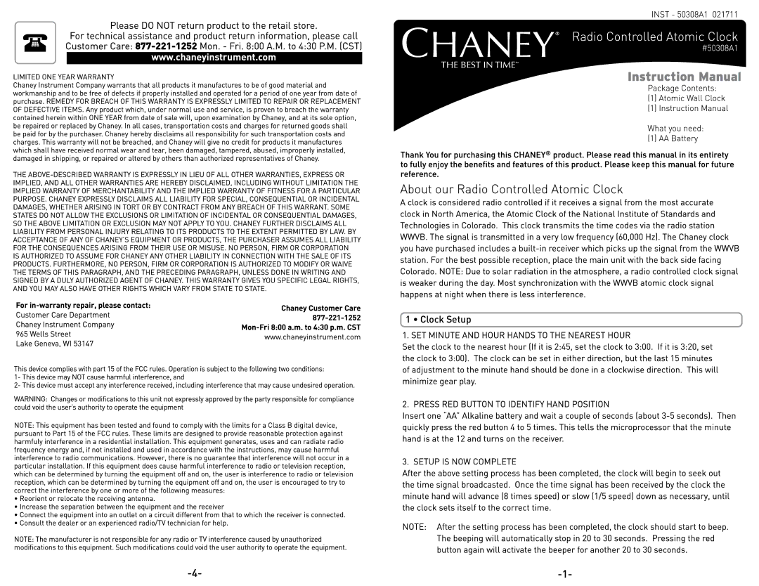 Chaney Instrument #50308A1 manual Clock Setup 