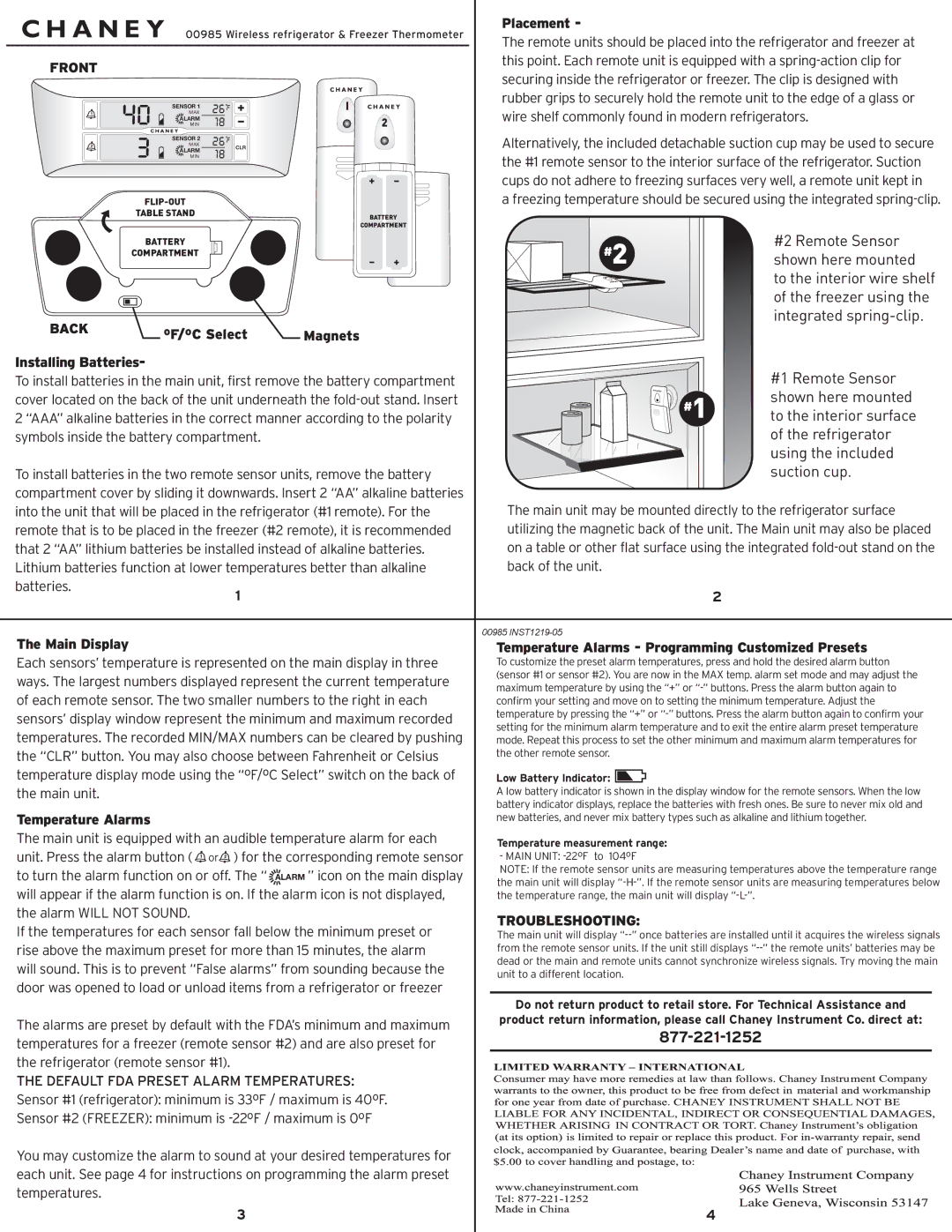 Chaney Instrument 985 manual #2 Remote Sensor, Shown here mounted, To the interior wire shelf, Freezer using, Refrigerator 