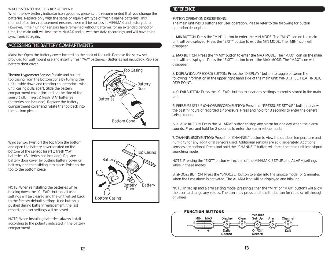 Chaney Instrument 992 instruction manual Accessing the Battery Compartments, Reference, Wireless Sensor Battery Replacement 