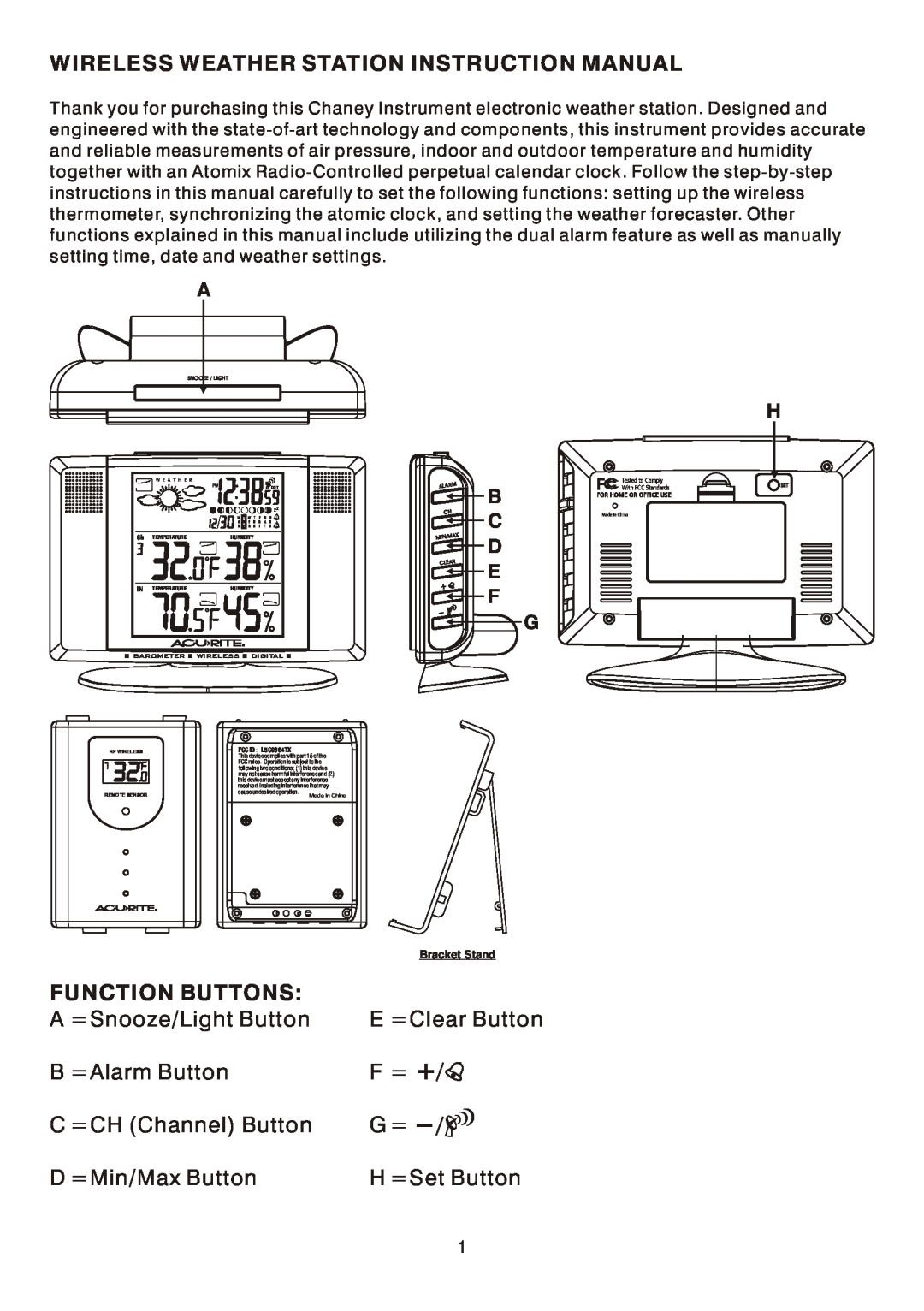 Chaney Instrument L5C0964TX instruction manual Wireless Weather Station Instruction Manual, Function Buttons, B C D E F G 