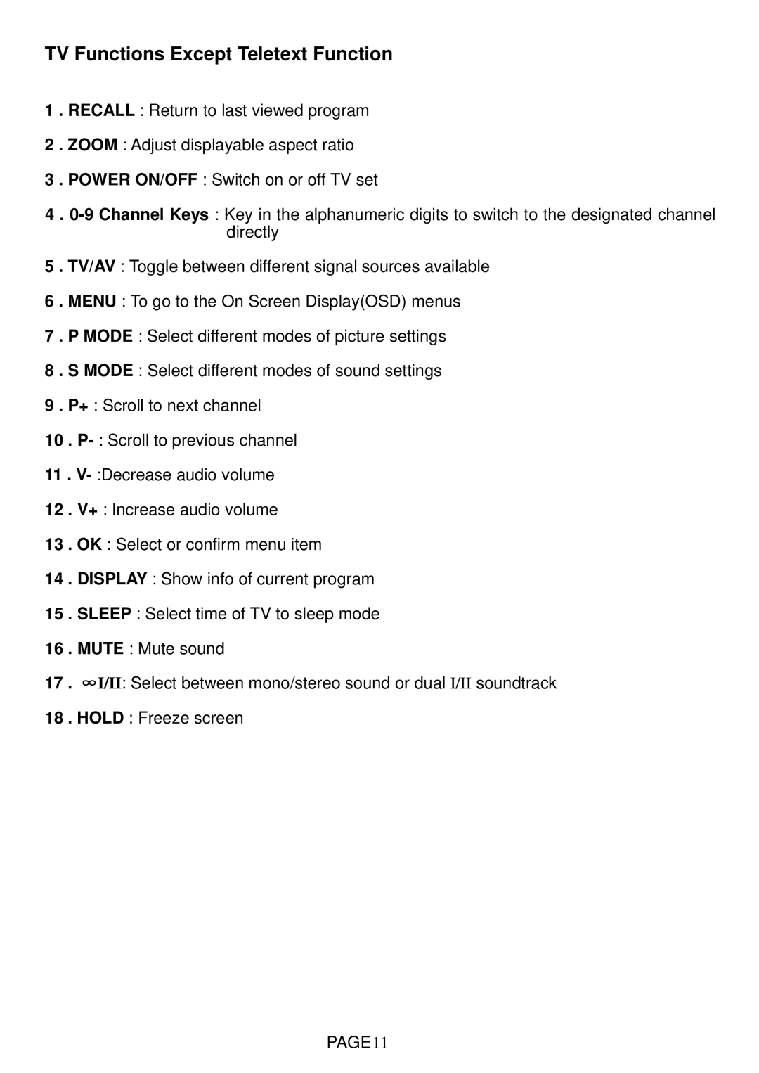 Changhong Electric LT1512E, LT1712E, LT2012E, LT2612E, LT3212E manual TV Functions Except Teletext Function, PAGE11 