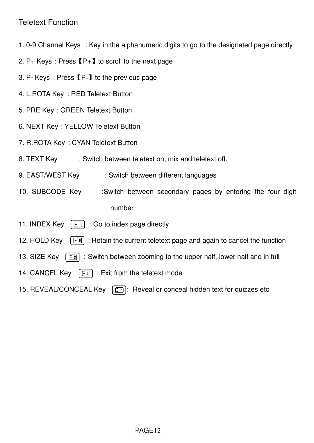 Changhong Electric LT1512E, LT1712E, LT2012E, LT2612E, LT3212E manual Teletext Function, PAGE12 