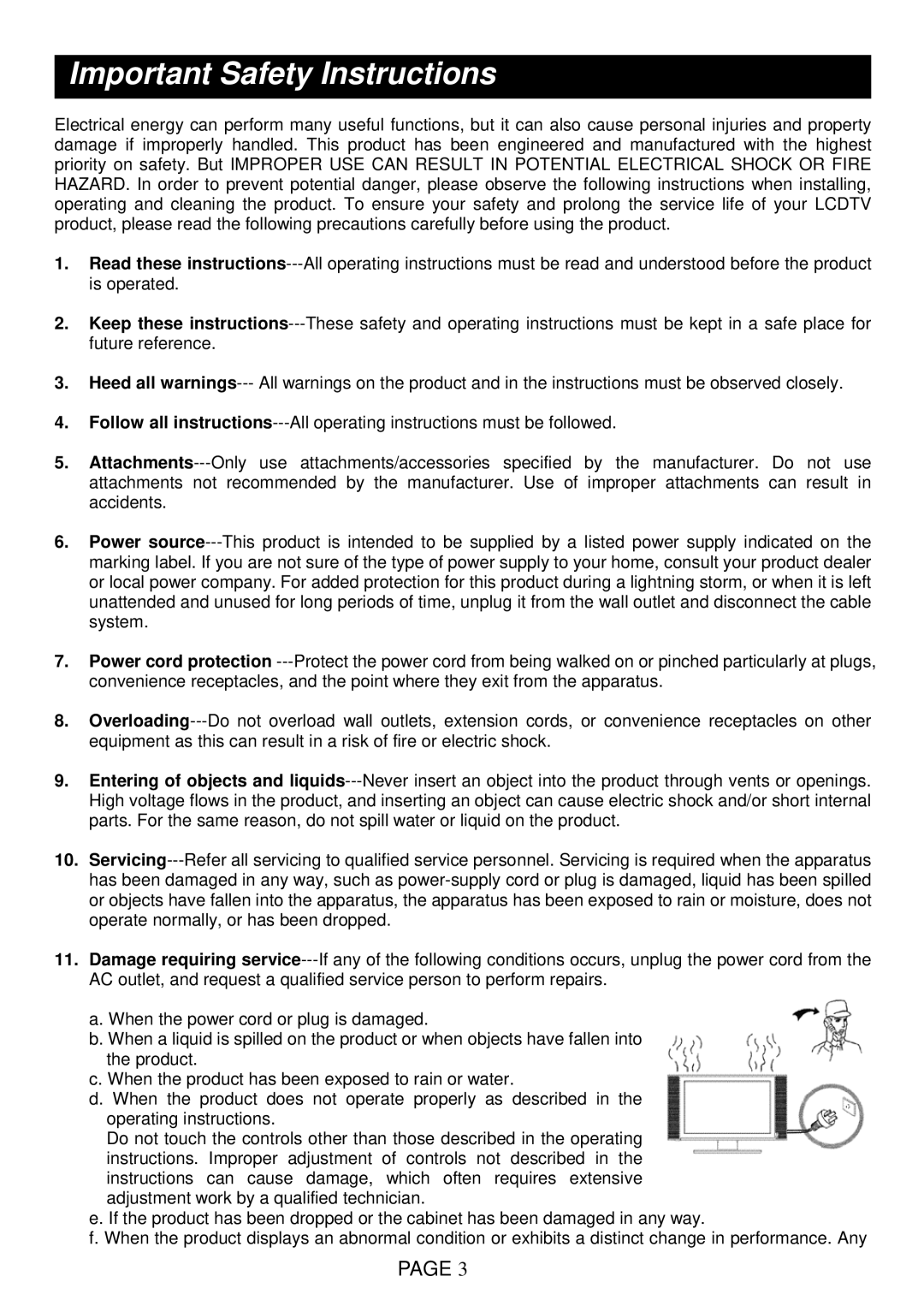 Changhong Electric LT1512E, LT1712E, LT2012E, LT2612E, LT3212E manual Important Safety Instructions 