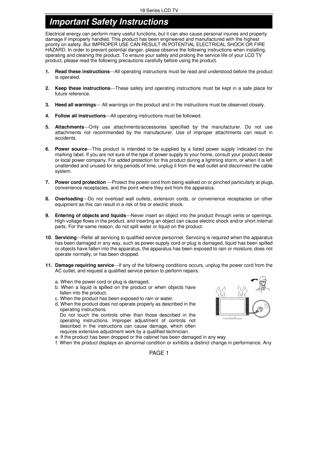 Changhong Electric LT2618, LT3218, LT3718, LT4018 manual Important Safety Instructions 