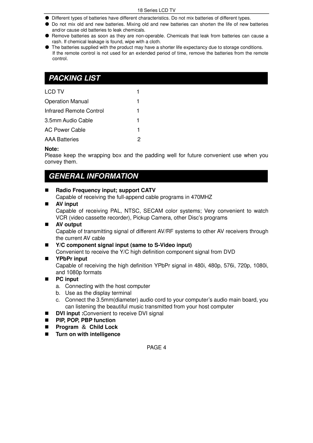 Changhong Electric LT2618, LT3218, LT3718, LT4018 manual Packing List, General Information 