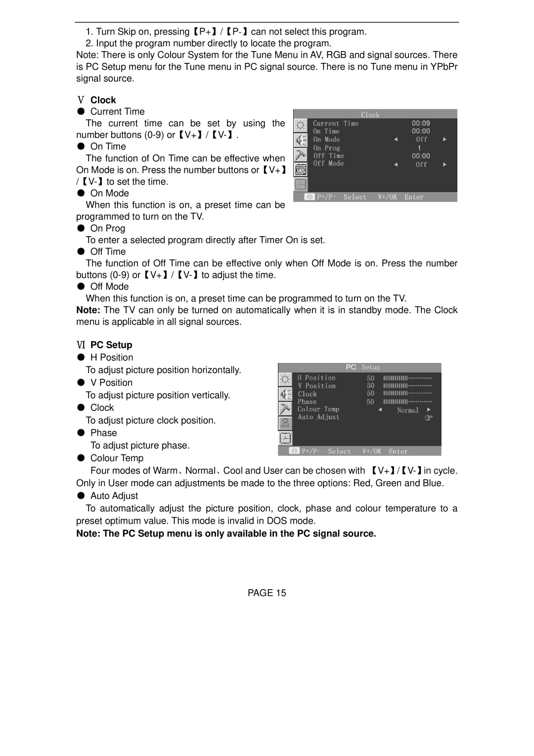 Changhong Electric TM150F7E, TM201F7E manual Ⅴ Clock, Ⅵ PC Setup 