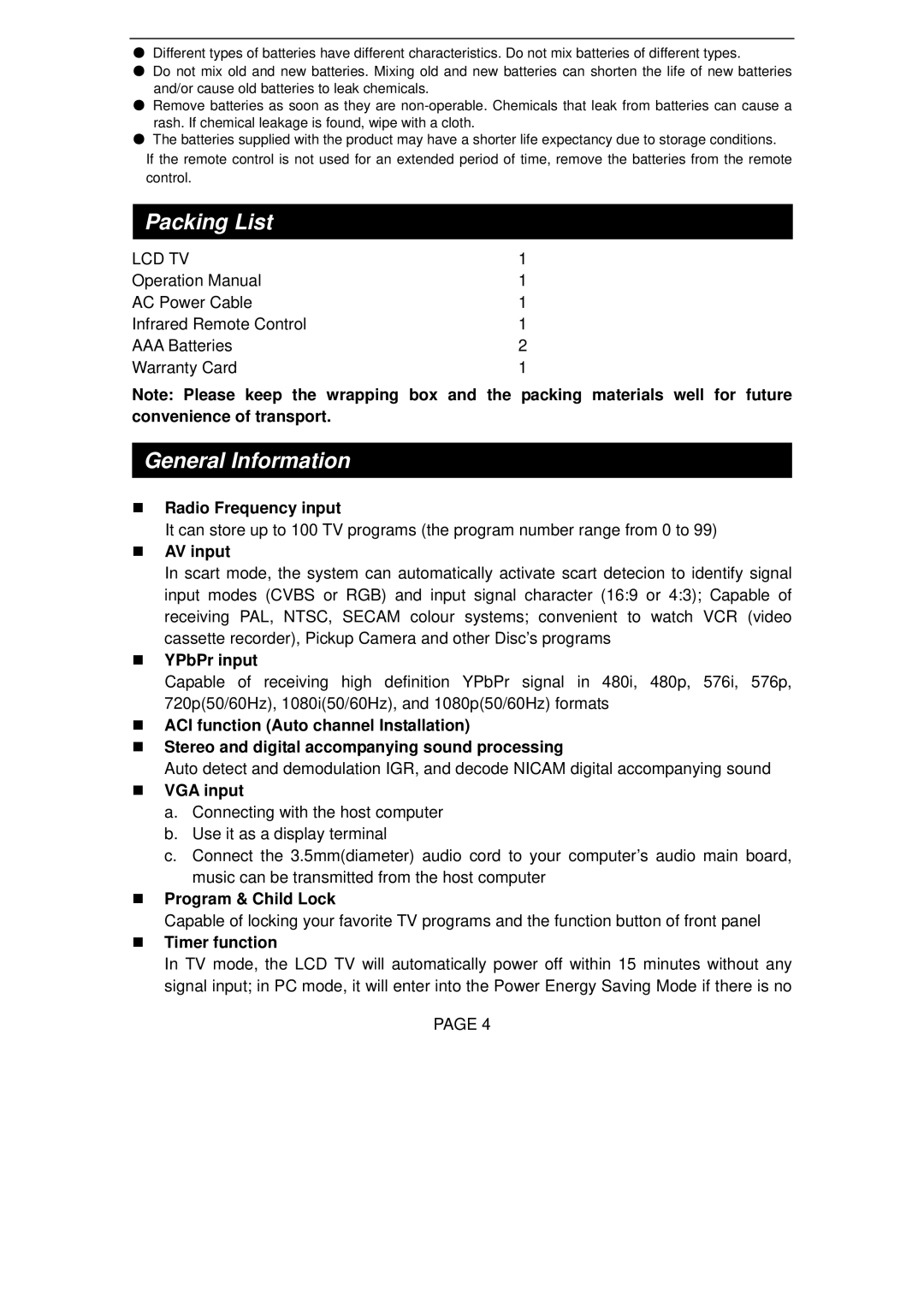 Changhong Electric TM150F7E, TM201F7E manual Packing List, General Information 