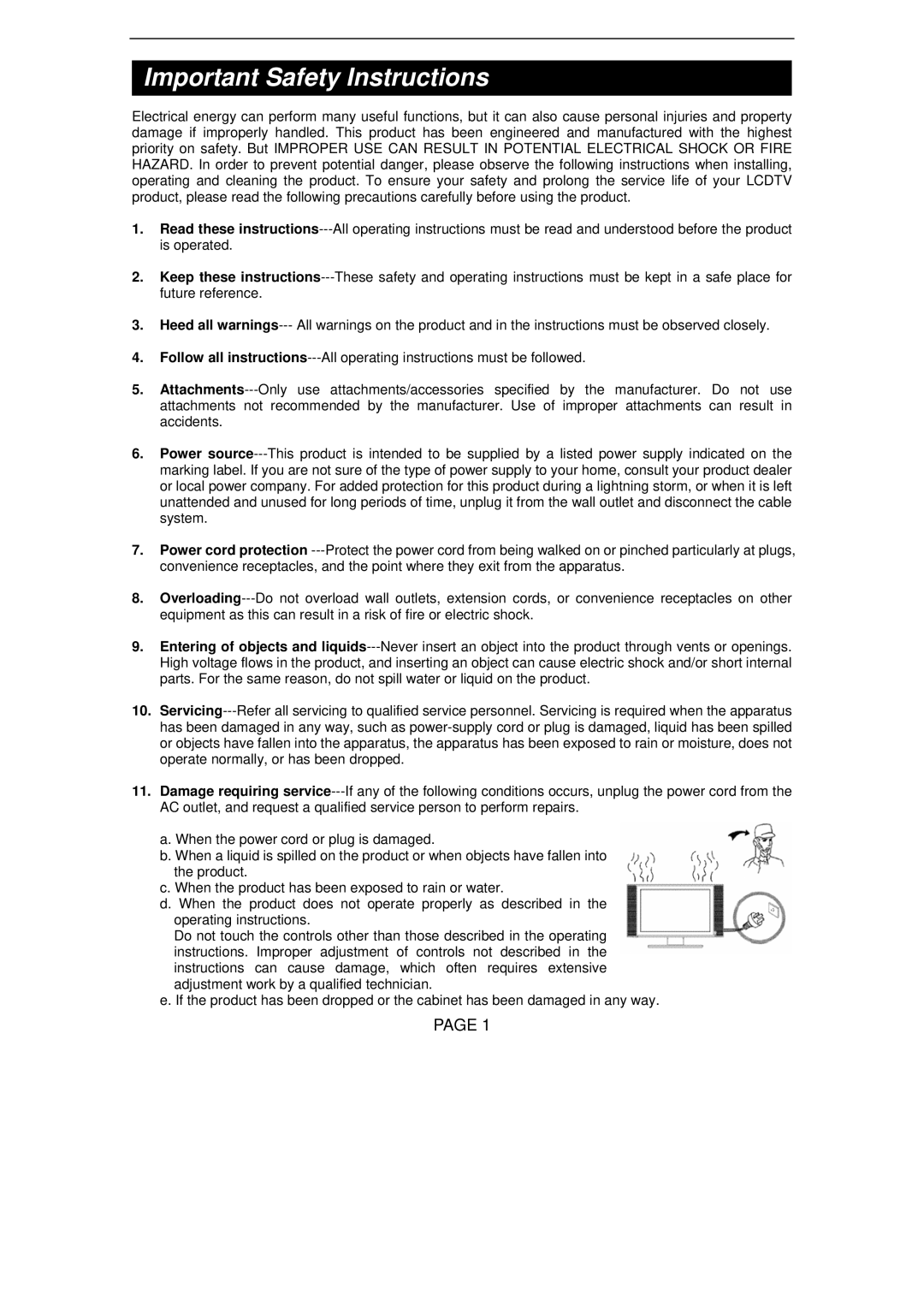 Changhong Electric TM150F7U, TM201F7U, TM201F7U, TM150F7U manual Important Safety Instructions 