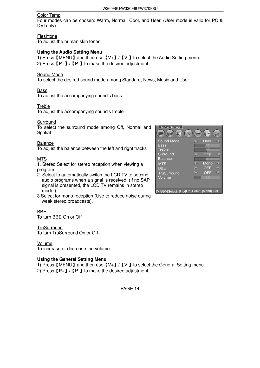 Changhong Electric W260F8U, W320F8U, W370F8U manual Using the Audio Setting Menu, Using the General Setting Menu 