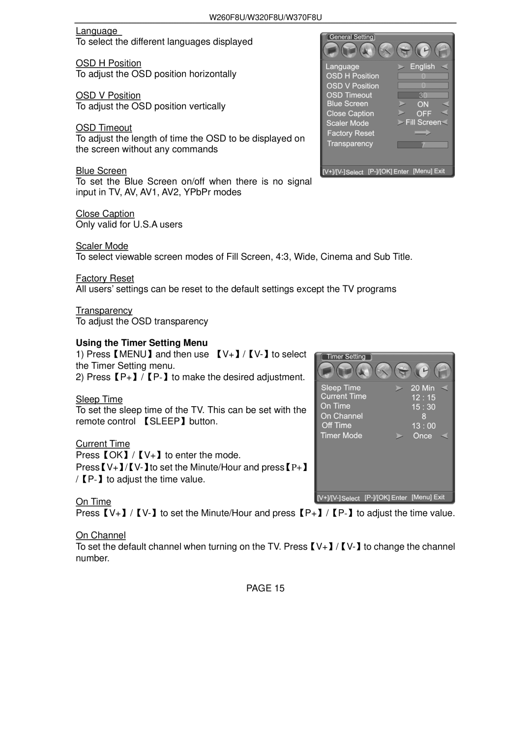 Changhong Electric W260F8U, W320F8U, W370F8U manual Using the Timer Setting Menu 