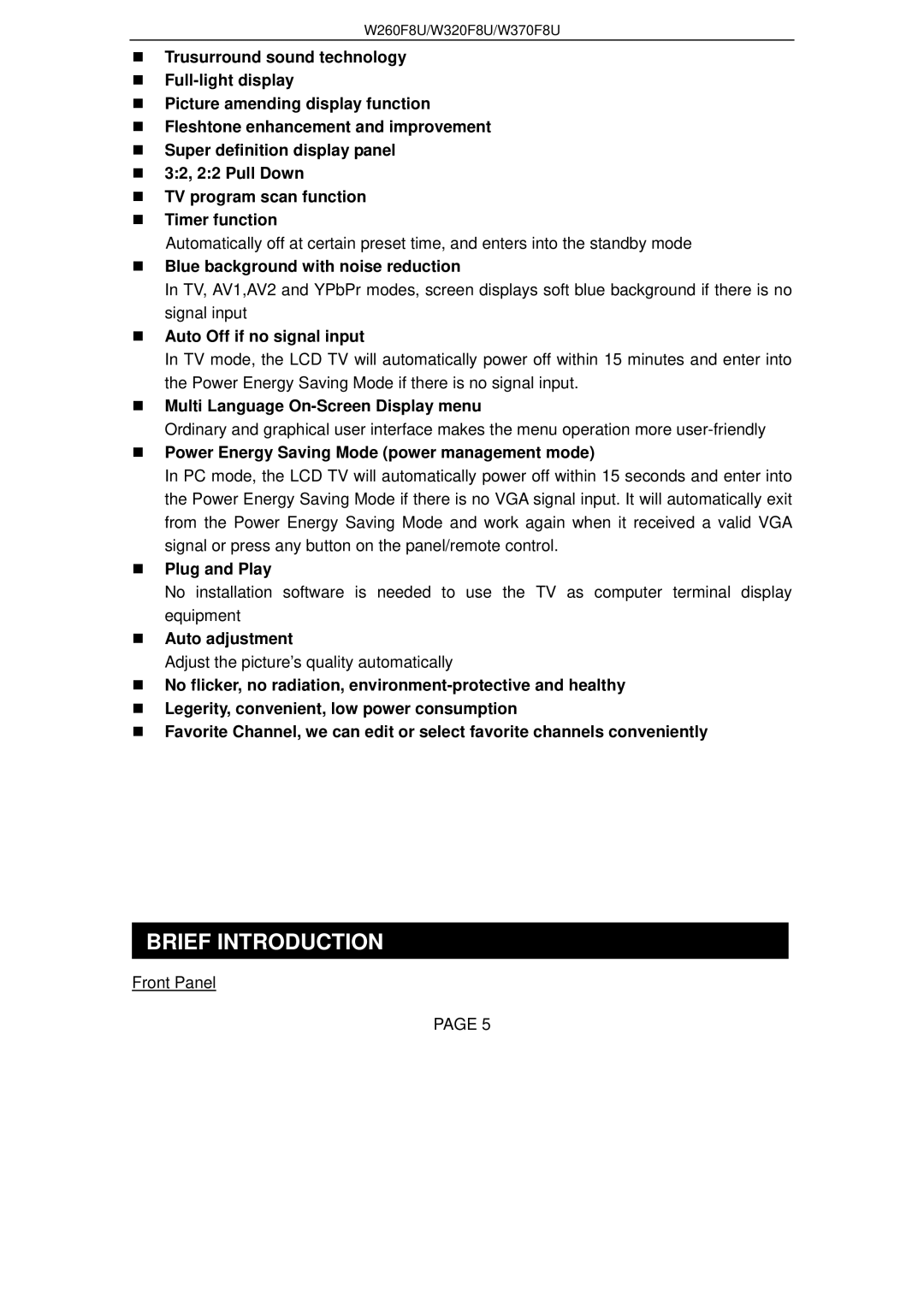 Changhong Electric W260F8U, W320F8U, W370F8U manual Brief Introduction 