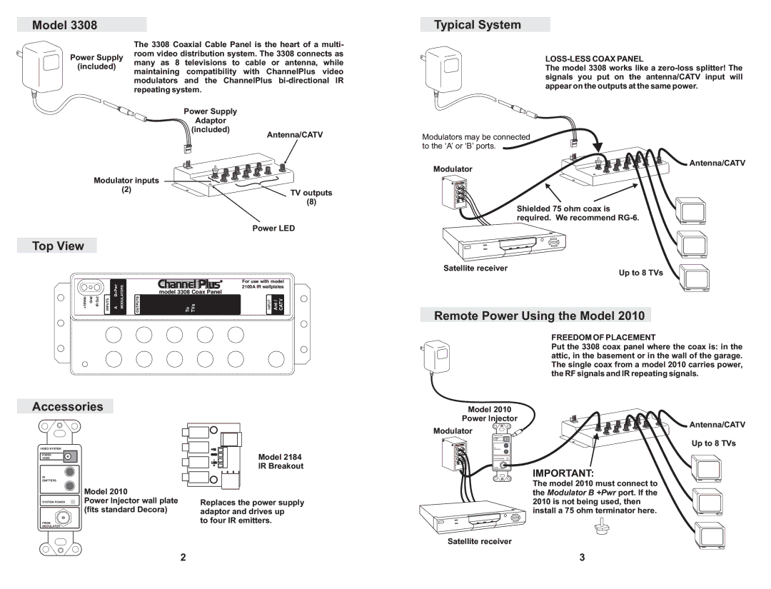 Channel Plus 2010, 3308 instruction manual Top View, Typical System, Remote Power Using the Model Accessories 