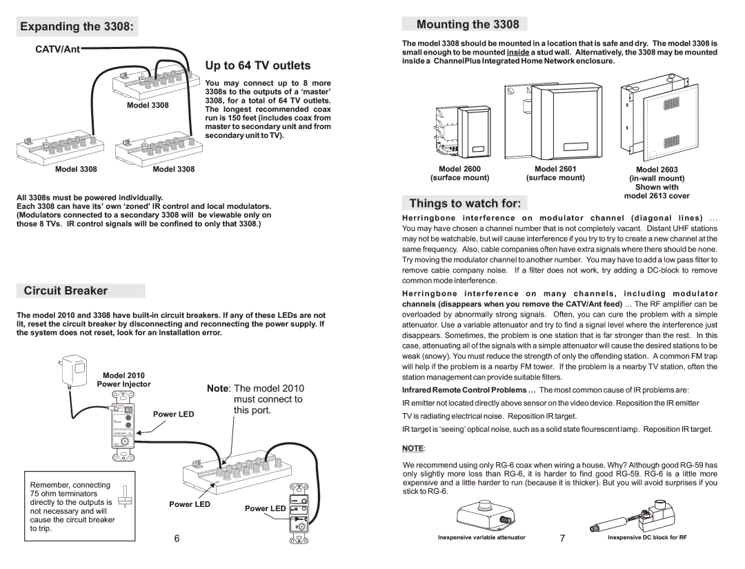 Channel Plus 2010, 3308 instruction manual Expanding, Up to 64 TV outlets, Mounting, Circuit Breaker, Things to watch for 