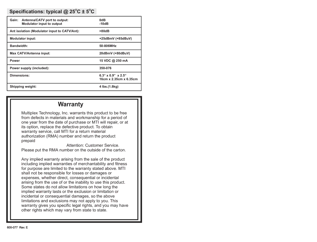 Channel Plus 3308, 2010 instruction manual Warranty, Specifications typical @ 25OC ± 5OC 