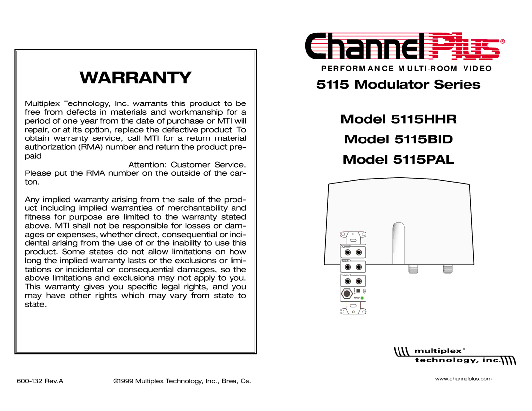 Channel Plus 5115HHR, 5115PAL, 5115BID warranty Warranty 