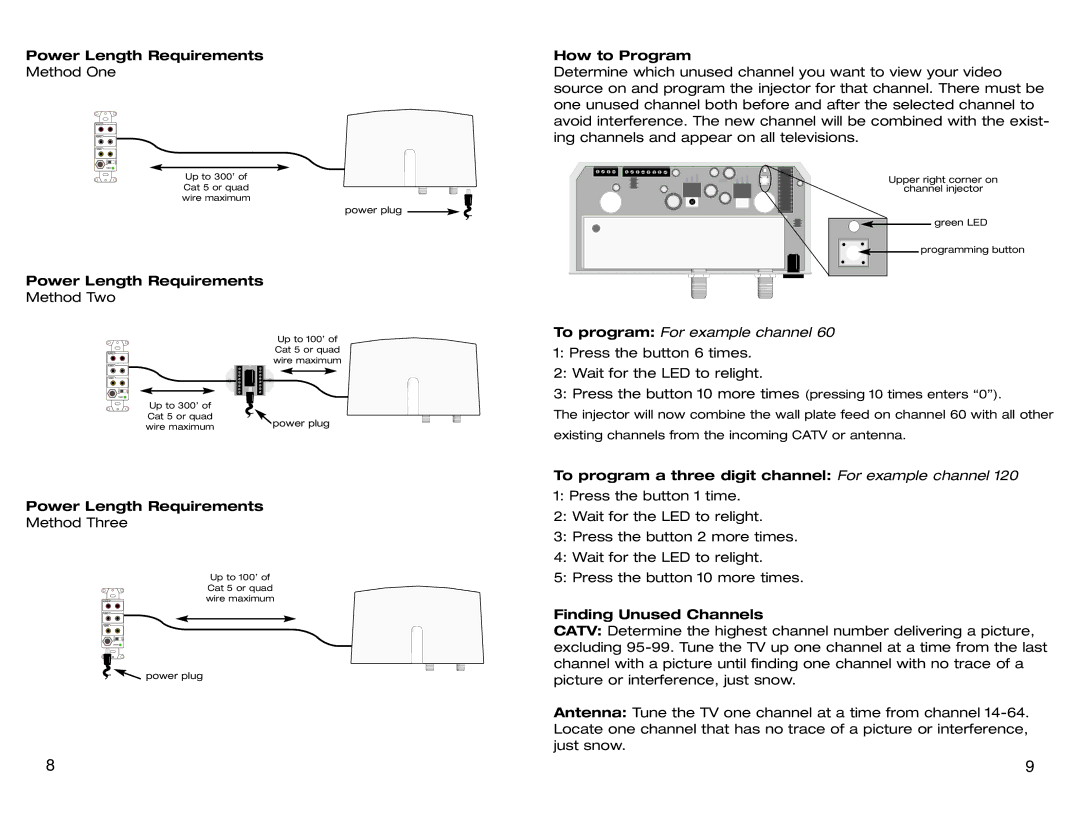 Channel Plus 5115BID, 5115PAL, 5115HHR warranty Power Length Requirements, How to Program, Finding Unused Channels 