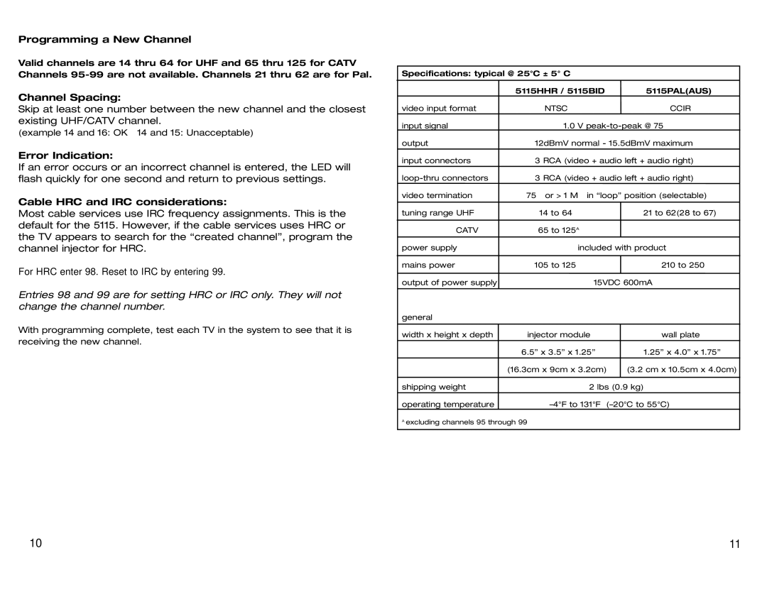 Channel Plus 5115PAL Programming a New Channel, Channel Spacing, Error Indication, Cable HRC and IRC considerations 