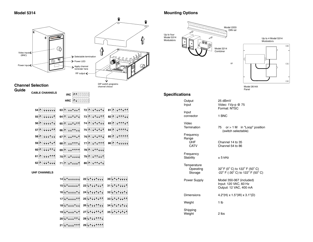 Channel Plus 5314 owner manual Model Mounting Options, Channel Selection, Guide, Specifications 