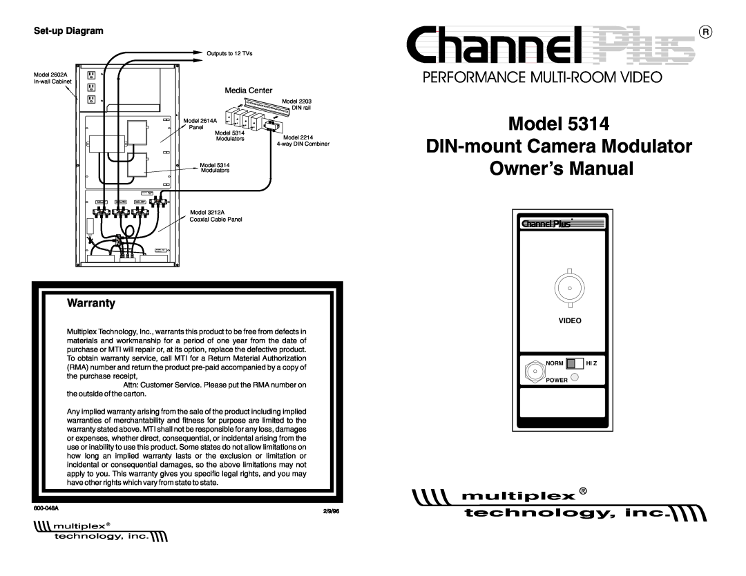 Channel Plus 5314 owner manual Set-up Diagram, multiplex technology, inc, Model DIN-mount Camera Modulator Owners Manual 