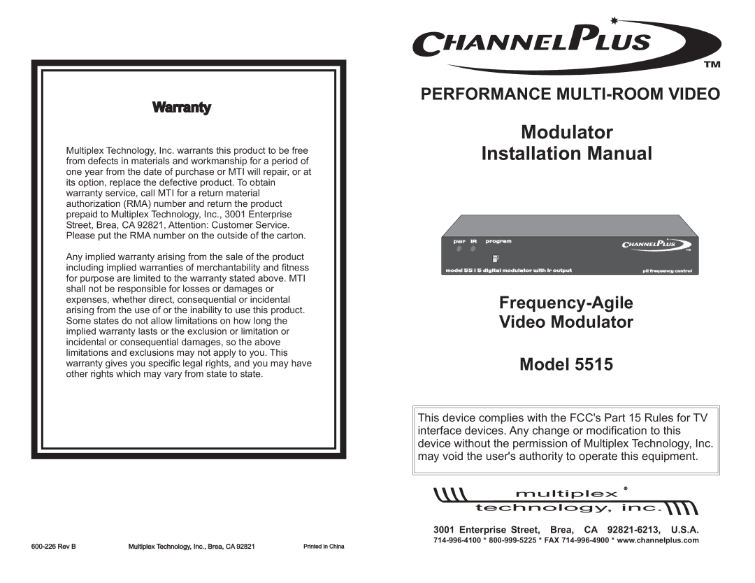 Channel Plus 5515 warranty Warranty, Enterprise Street, Brea, CA 92821-6213, U.S.A 