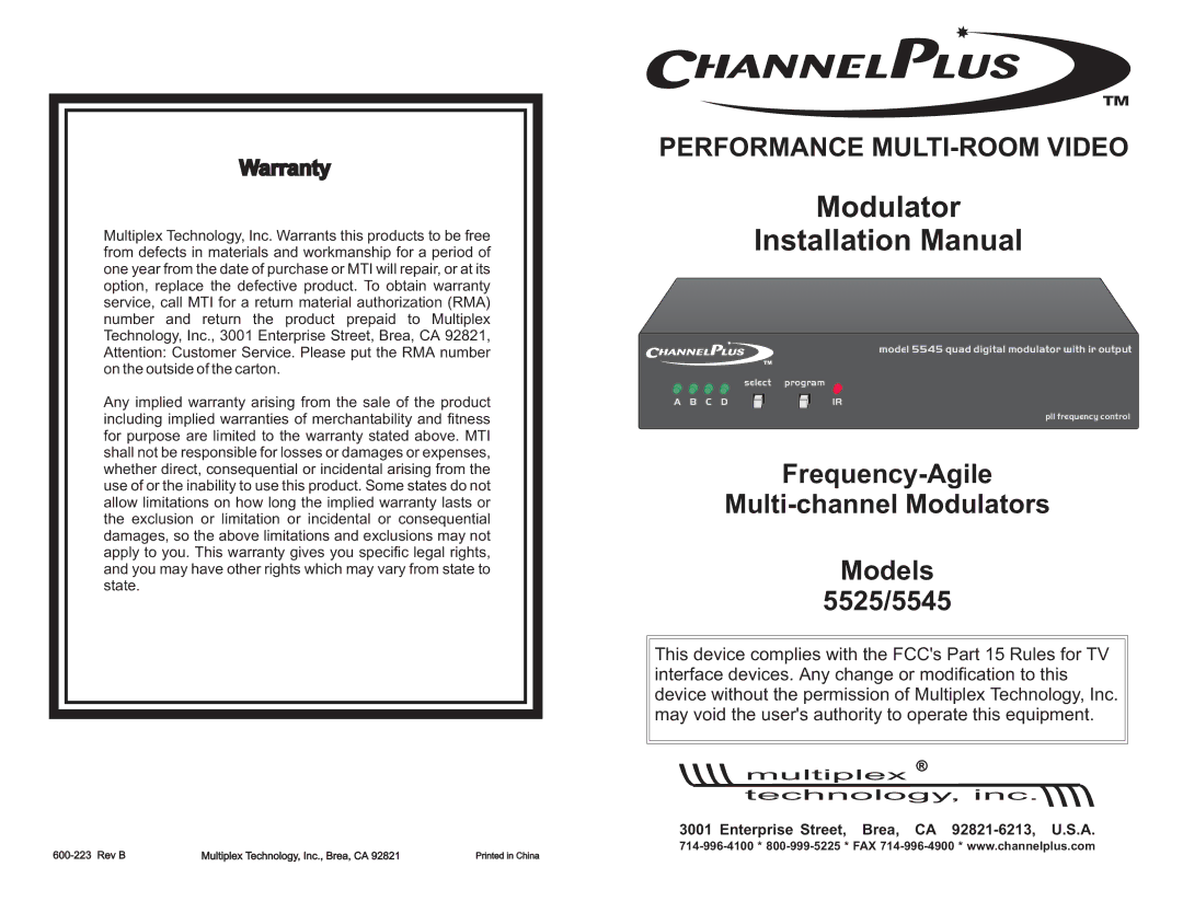 Channel Plus 5525, 5545 warranty Warranty, Enterprise Street, Brea, CA 92821-6213, U.S.A 