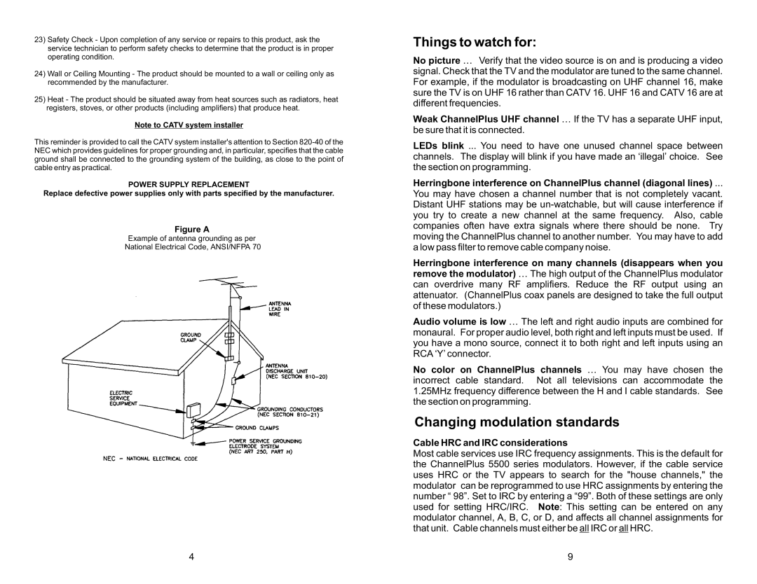 Channel Plus 5545, 5525 warranty Things to watch for, Changing modulation standards, Cable HRC and IRC considerations 