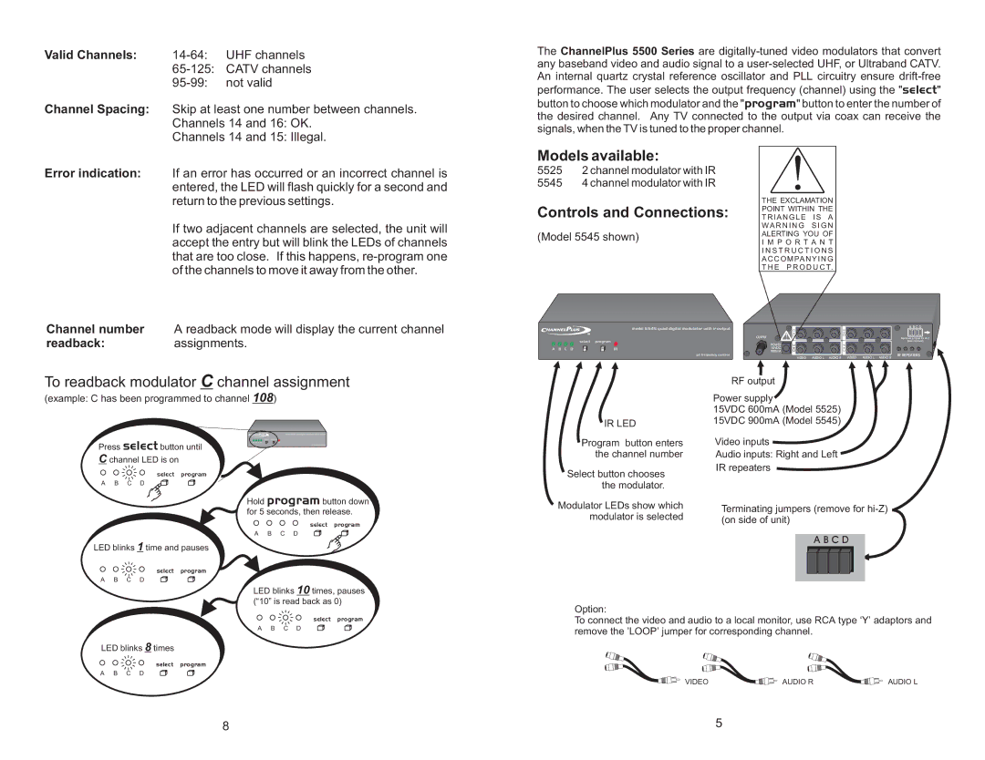 Channel Plus 5525 Models available, Controls and Connections, To readback modulator C channel assignment, Ir Led, C D 