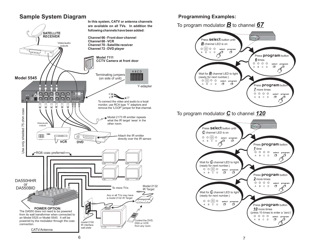 Channel Plus 5545, 5525 warranty Sample System Diagram, Programming Examples, To program modulator B to channel 