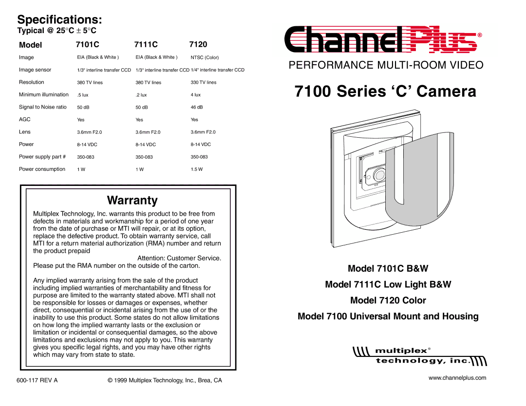 Channel Plus 7100 specifications Specifications, Typical @ 25C ± 5C Model 7101C 7111C 7120 