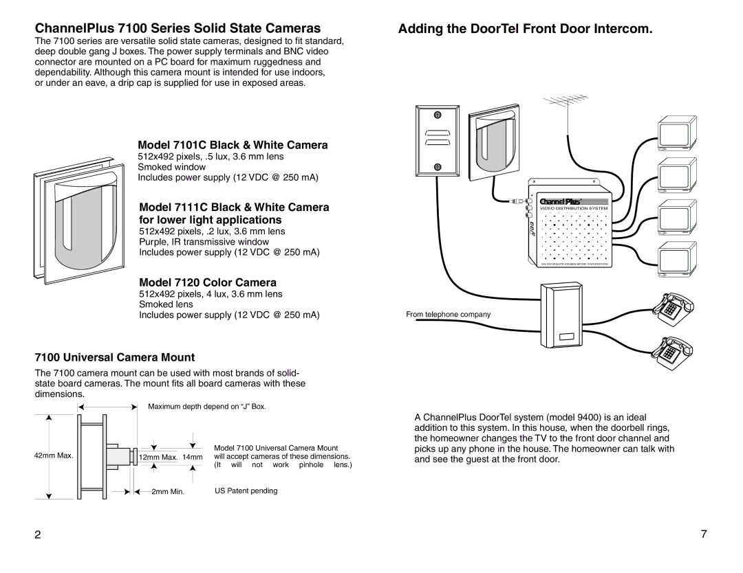 Channel Plus 7111C, 7120, 7101C ChannelPlus 7100 Series Solid State Cameras, Adding the DoorTel Front Door Intercom 