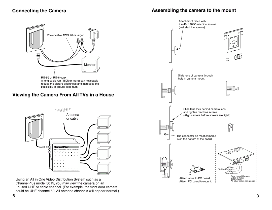 Channel Plus 7100 Connecting the Camera, Viewing the Camera From All TVs in a House, Assembling the camera to the mount 