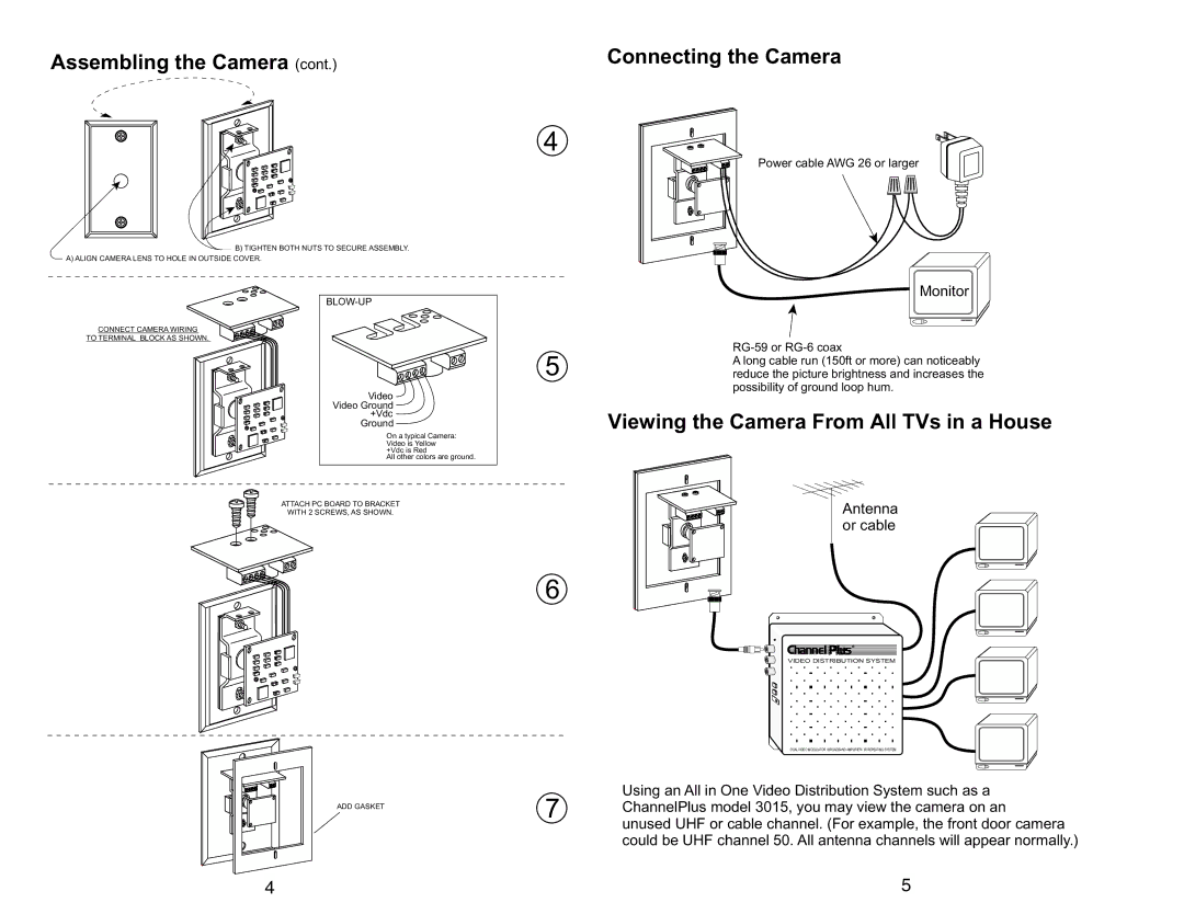 Channel Plus 7311, 7300, 7320 Connecting the Camera, Viewing the Camera From All TVs in a House, Monitor, Antenna or cable 