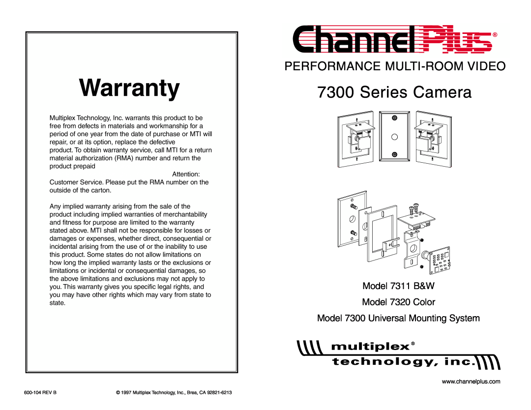 Channel Plus 7311, 7300, 7320 warranty Warranty, Series Camera, Performance Multi-Room Video 