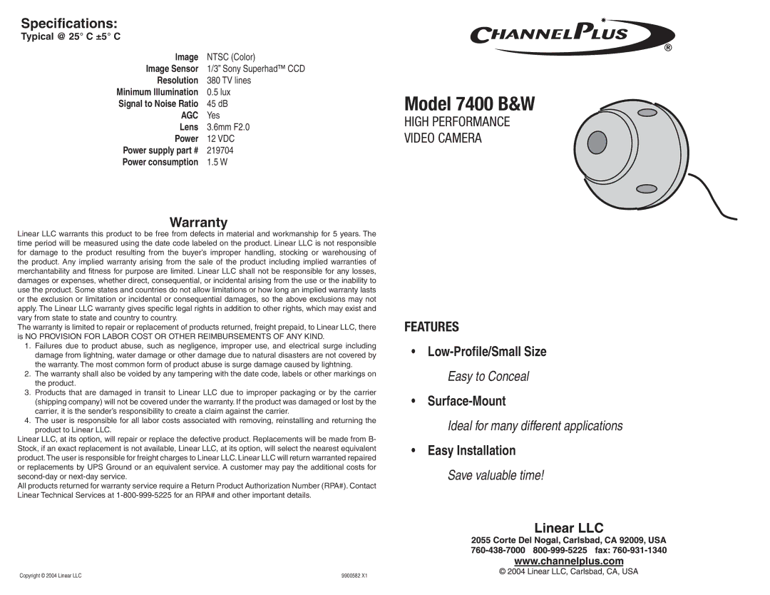 Channel Plus 7400 B&W specifications Specifications, Warranty, Surface-Mount 