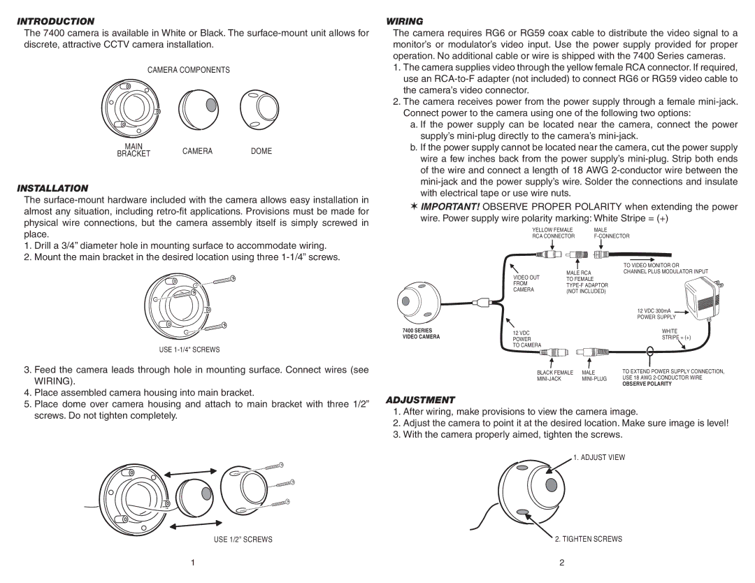 Channel Plus 7400 B&W specifications Introduction, Installation, Wiring, Adjustment 