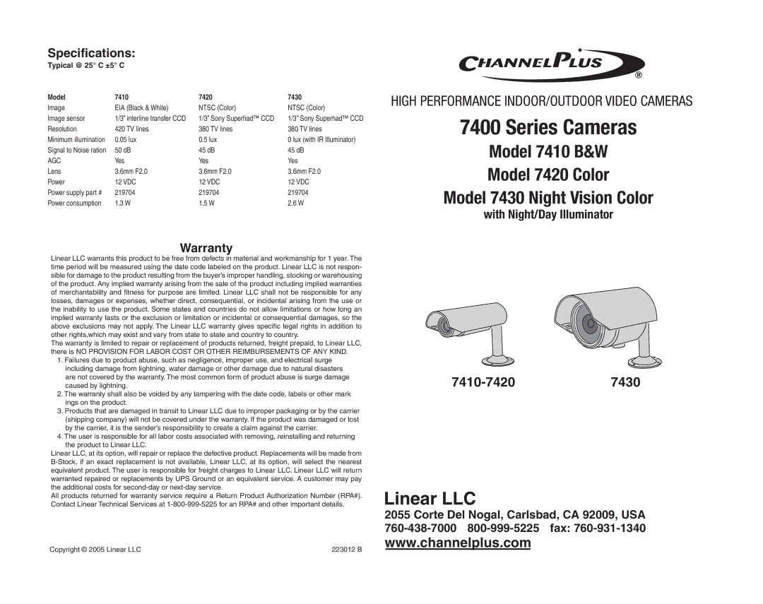 Channel Plus 7430, 7420, 7410 specifications Specifications, Warranty 