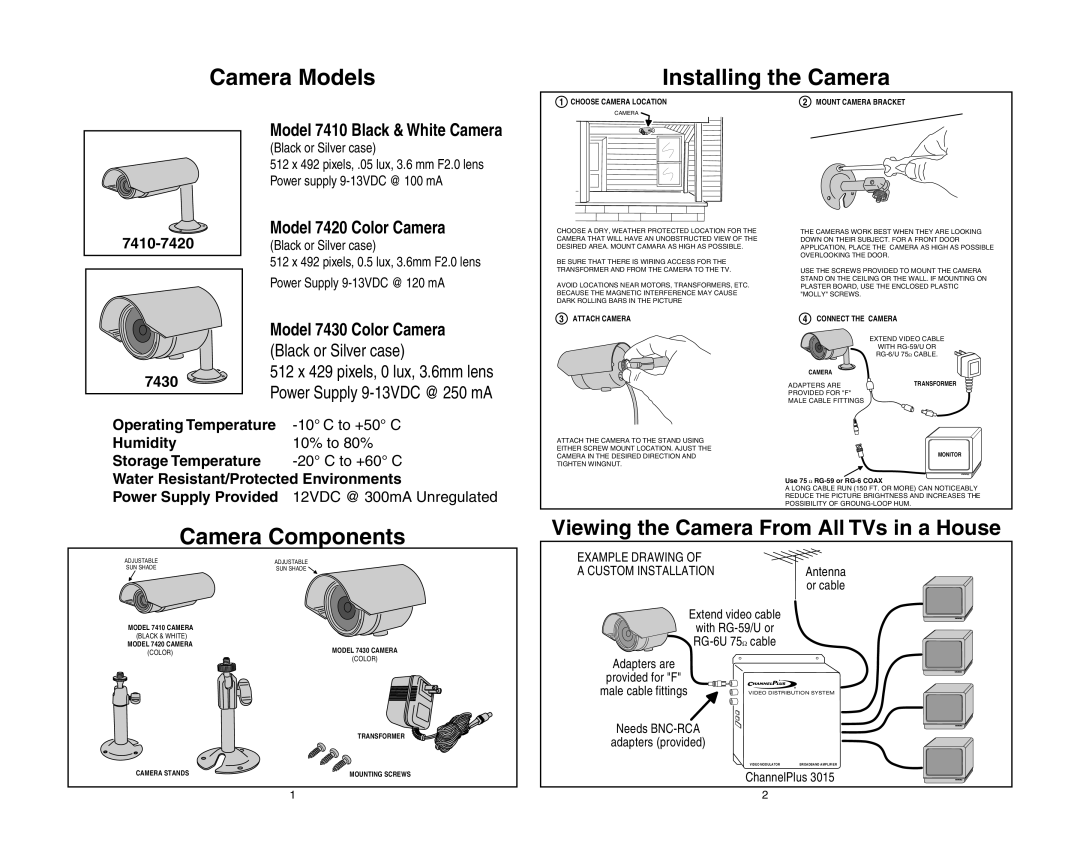 Channel Plus 7420, 7430 Camera Models Installing the Camera, Camera Components, Model 7410 Black & White Camera 