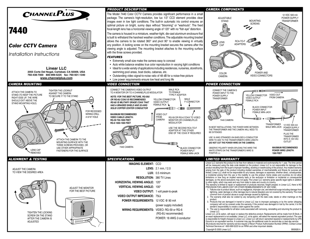 Channel Plus 7440 installation instructions Imaging Element CCD, Lens, Lux, Resolution, Vertical Viewing Angle 