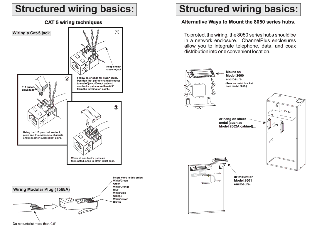 Channel Plus 8052, 8051, 8053 CAT 5 wiring techniques, Alternative Ways to Mount the 8050 series hubs, Wiring a Cat-5 jack 