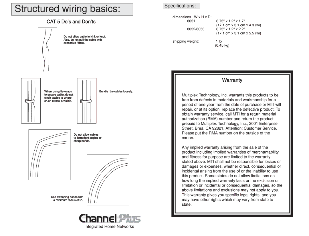 Channel Plus 8053, 8051, 8052 instruction manual CAT 5 Dos and Donts, Specifications 