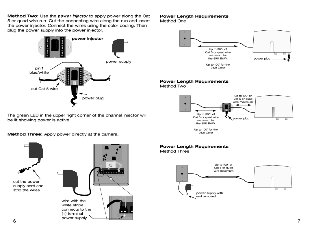 Channel Plus 9511PAL B&W, 9521HHR COLOR, 9511HHR B&W manual Power Length Requirements, Method One, Method Two, Method Three 