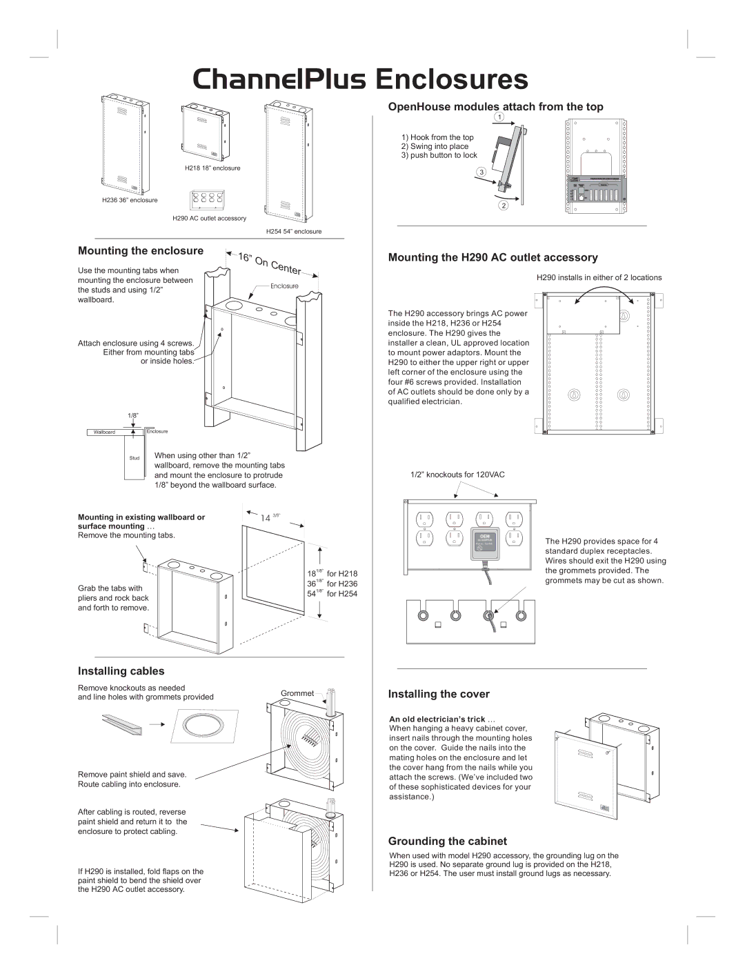 Channel Plus H218 manual OpenHouse modules attach from the top, Installing cables, Installing the cover 