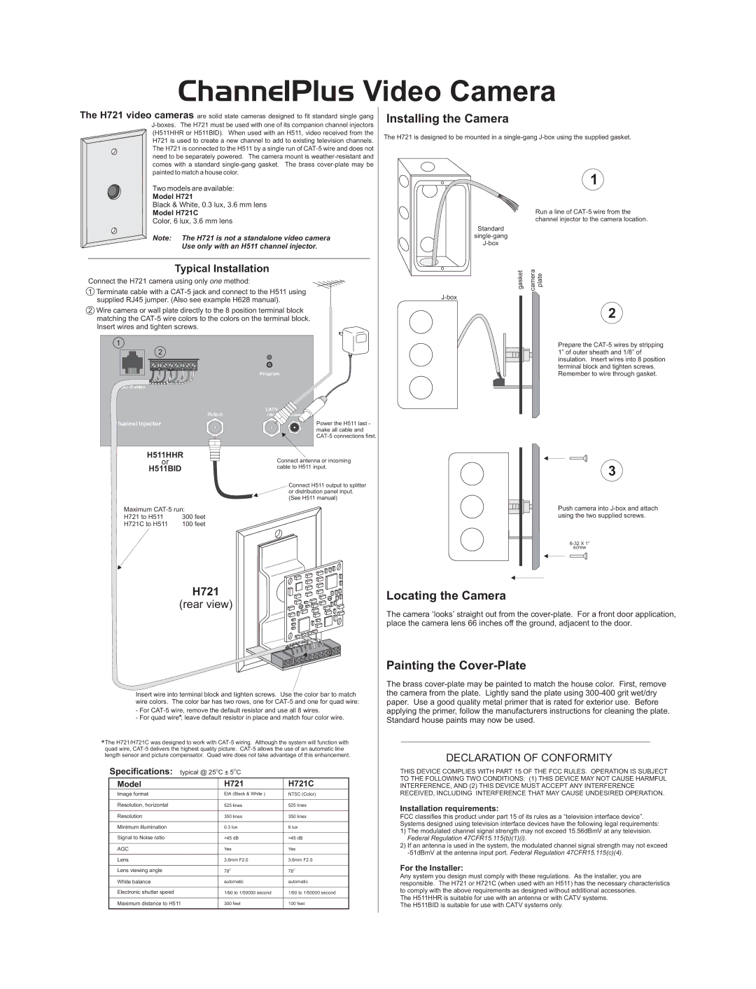 Channel Plus H721C specifications Installing the Camera, Locating the Camera, Painting the Cover-Plate 