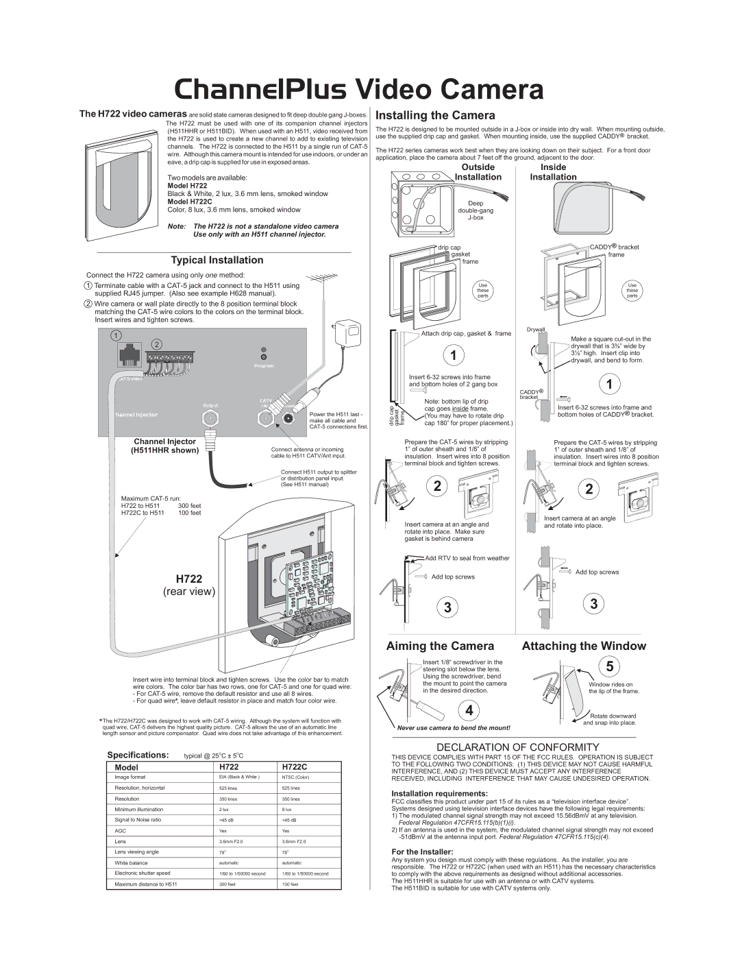 Channel Plus H722C specifications Installing the Camera, Aiming the Camera, Attaching the Window 