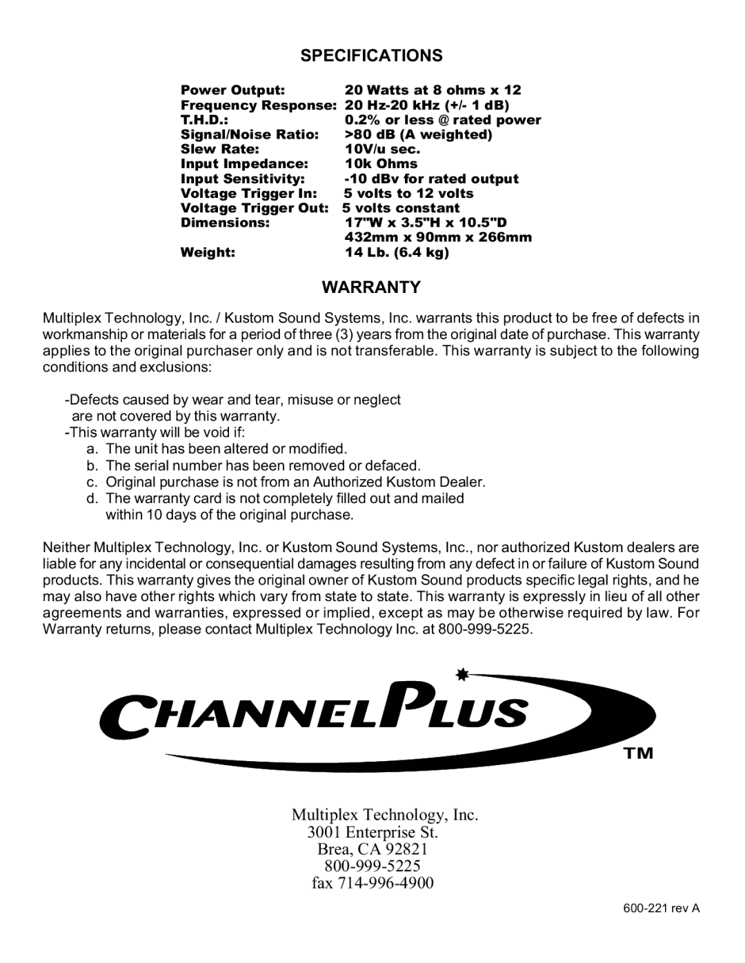 Channel Plus MDS-6 manual Specifications, Warranty 