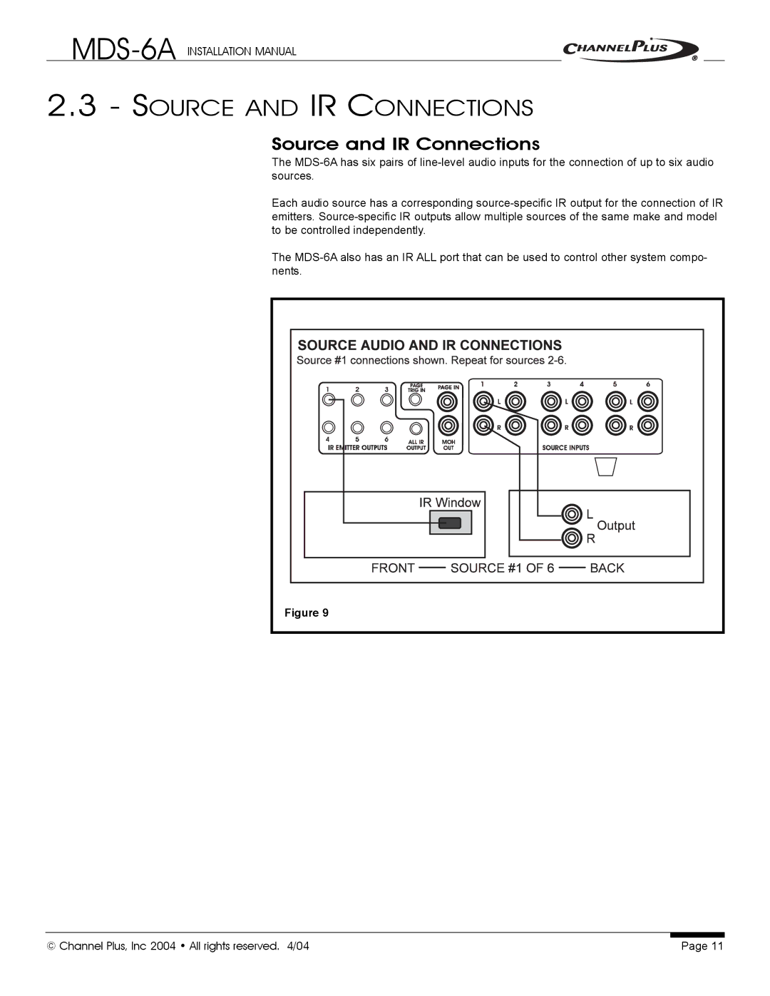 Channel Plus MDS-6A installation manual Source and IR Connections 