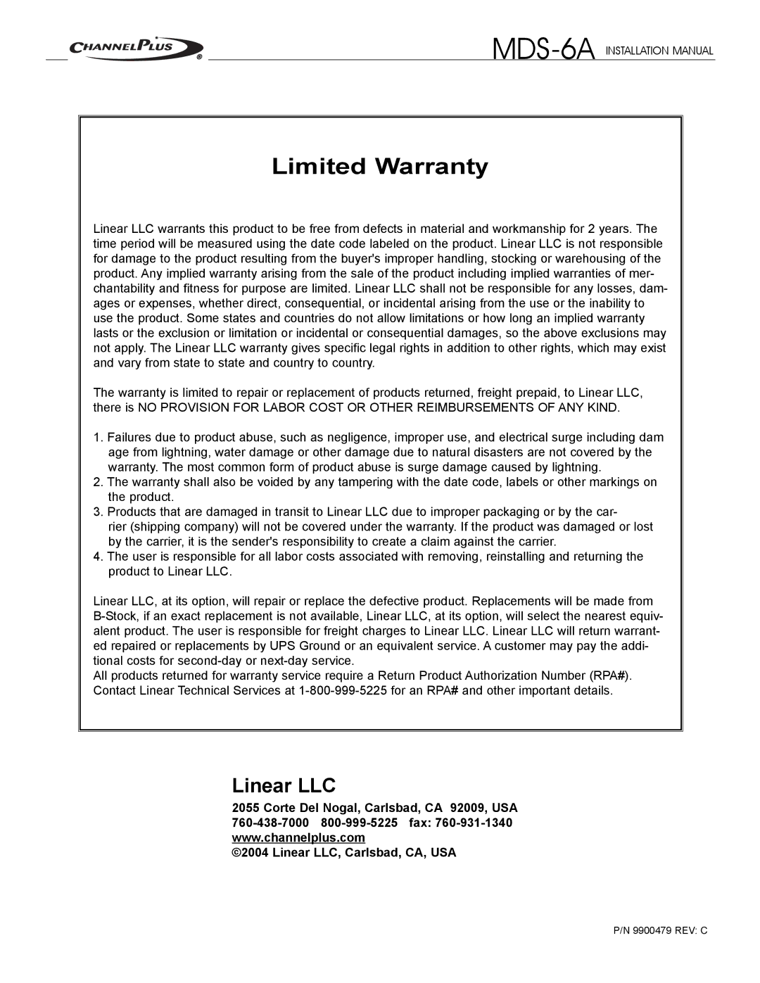 Channel Plus MDS-6A installation manual Limited Warranty 